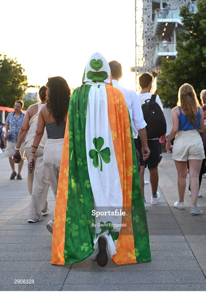 6 August 2024; A supporter of Kellie Harrington of Team Ireland arrives for her women's 60kg final bout against Wenlu Yang of Team People's Republic of China at Court Philippe-Chatrier in Roland Garros Stadium during the 2024 Paris Summer Olympic Games in Paris, France. Photo by David Fitzgerald/Sportsfile