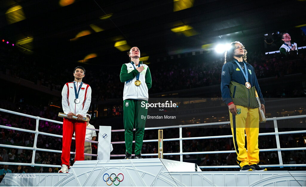 6 August 2024; An emotional Kellie Harrington of Team Ireland with her gold medal after defeating Wenlu Yang of Team People's Republic of China in their women's 60kg final bout at Court Philippe-Chatrier in Roland Garros Stadium during the 2024 Paris Summer Olympic Games in Paris, France. Photo by Brendan Moran/Sportsfile