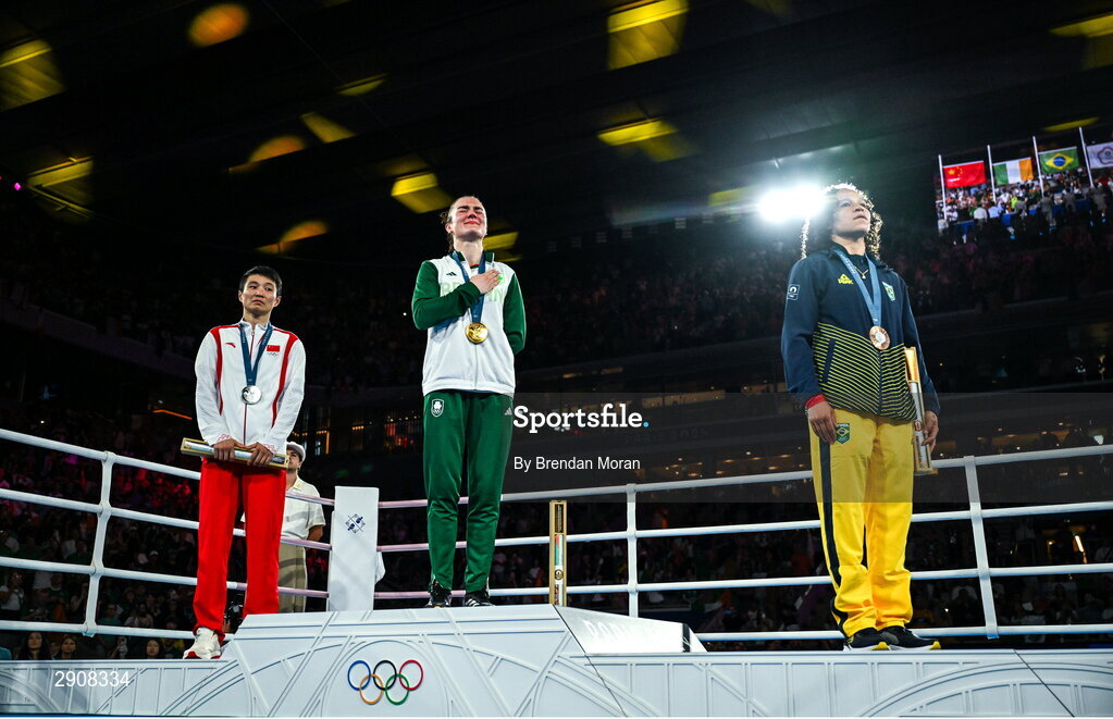 6 August 2024; An emotional Kellie Harrington of Team Ireland with her gold medal after defeating Wenlu Yang of Team People's Republic of China in their women's 60kg final bout at Court Philippe-Chatrier in Roland Garros Stadium during the 2024 Paris Summer Olympic Games in Paris, France. Photo by Brendan Moran/Sportsfile