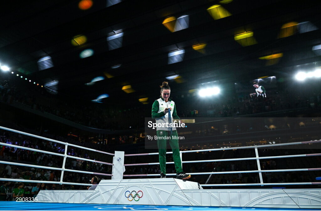 6 August 2024; An emotional Kellie Harrington of Team Ireland with her gold medal after defeating Wenlu Yang of Team People's Republic of China in their women's 60kg final bout at Court Philippe-Chatrier in Roland Garros Stadium during the 2024 Paris Summer Olympic Games in Paris, France. Photo by Brendan Moran/Sportsfile