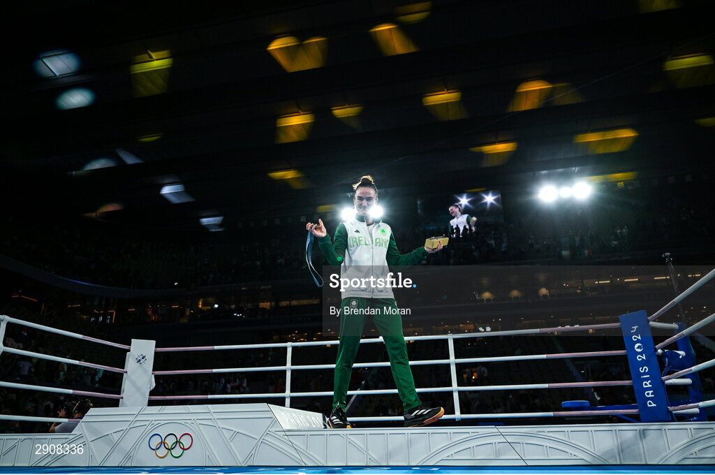 6 August 2024; An emotional Kellie Harrington of Team Ireland with her gold medal after defeating Wenlu Yang of Team People's Republic of China in their women's 60kg final bout at Court Philippe-Chatrier in Roland Garros Stadium during the 2024 Paris Summer Olympic Games in Paris, France. Photo by Brendan Moran/Sportsfile