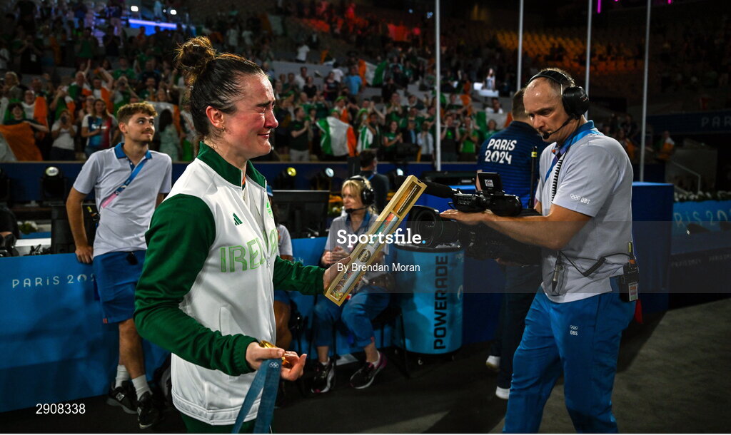 6 August 2024; An emotional Kellie Harrington of Team Ireland with her gold medal after defeating Wenlu Yang of Team People's Republic of China in their women's 60kg final bout at Court Philippe-Chatrier in Roland Garros Stadium during the 2024 Paris Summer Olympic Games in Paris, France. Photo by Brendan Moran/Sportsfile