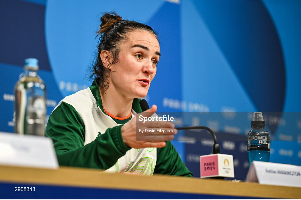 6 August 2024; Kellie Harrington of Team Ireland during the press conference after defeating Wenlu Yang of Team People's Republic of China in their women's 60kg final bout at Court Philippe-Chatrier in Roland Garros Stadium during the 2024 Paris Summer Olympic Games in Paris, France. Photo by David Fitzgerald/Sportsfile