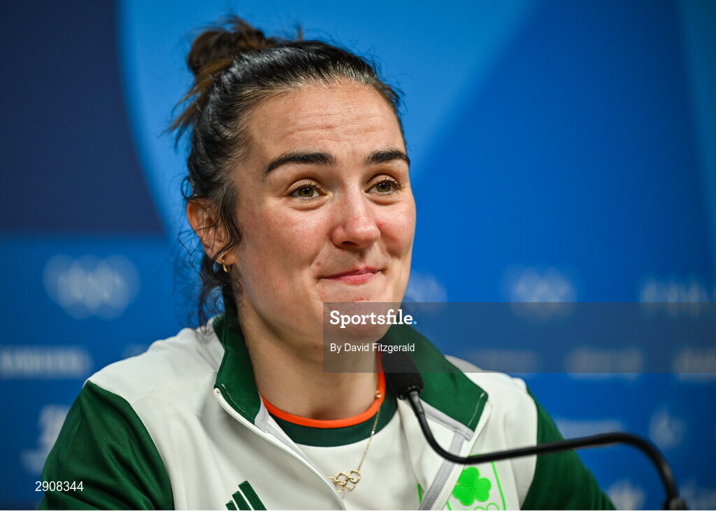 6 August 2024; Kellie Harrington of Team Ireland during the press conference after defeating Wenlu Yang of Team People's Republic of China in their women's 60kg final bout at Court Philippe-Chatrier in Roland Garros Stadium during the 2024 Paris Summer Olympic Games in Paris, France. Photo by David Fitzgerald/Sportsfile