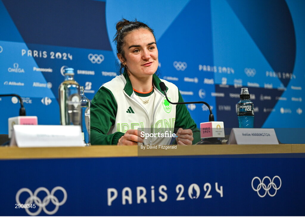 6 August 2024; Kellie Harrington of Team Ireland during the press conference after defeating Wenlu Yang of Team People's Republic of China in their women's 60kg final bout at Court Philippe-Chatrier in Roland Garros Stadium during the 2024 Paris Summer Olympic Games in Paris, France. Photo by David Fitzgerald/Sportsfile