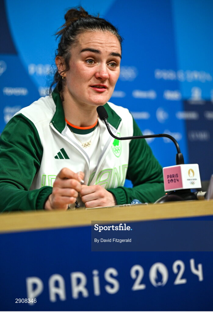6 August 2024; Kellie Harrington of Team Ireland during the press conference after defeating Wenlu Yang of Team People's Republic of China in their women's 60kg final bout at Court Philippe-Chatrier in Roland Garros Stadium during the 2024 Paris Summer Olympic Games in Paris, France. Photo by David Fitzgerald/Sportsfile