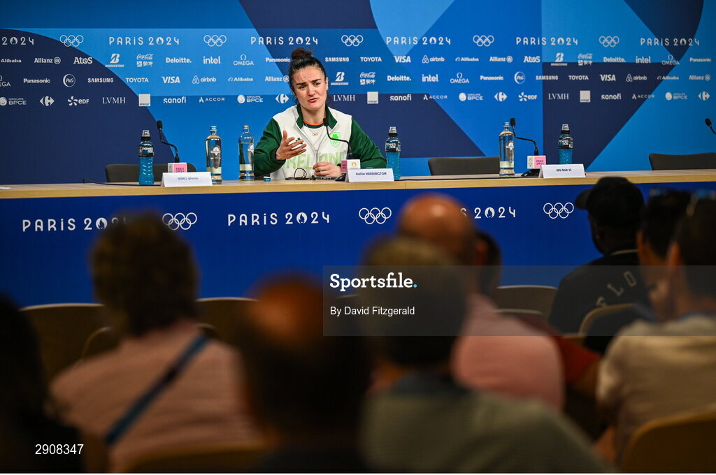 6 August 2024; Kellie Harrington of Team Ireland during the press conference after defeating Wenlu Yang of Team People's Republic of China in their women's 60kg final bout at Court Philippe-Chatrier in Roland Garros Stadium during the 2024 Paris Summer Olympic Games in Paris, France. Photo by David Fitzgerald/Sportsfile