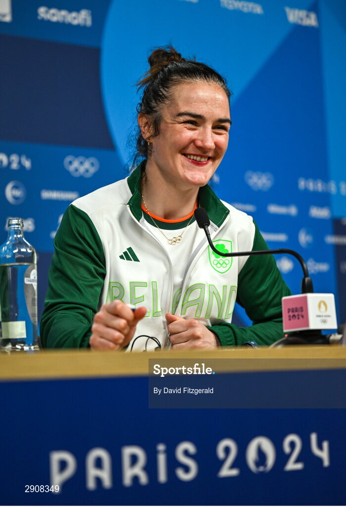 6 August 2024; Kellie Harrington of Team Ireland during the press conference after defeating Wenlu Yang of Team People's Republic of China in their women's 60kg final bout at Court Philippe-Chatrier in Roland Garros Stadium during the 2024 Paris Summer Olympic Games in Paris, France. Photo by David Fitzgerald/Sportsfile