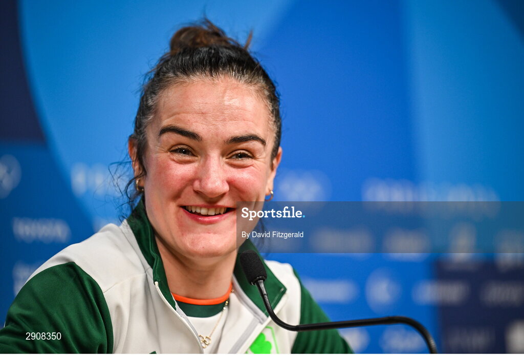 6 August 2024; Kellie Harrington of Team Ireland during the press conference after defeating Wenlu Yang of Team People's Republic of China in their women's 60kg final bout at Court Philippe-Chatrier in Roland Garros Stadium during the 2024 Paris Summer Olympic Games in Paris, France. Photo by David Fitzgerald/Sportsfile
