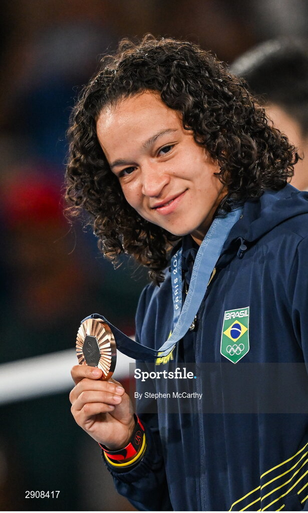 6 August 2024; Women's 60kg bronze medalist Beatriz Soares Ferreira of Team Brazil take a photo at Court Philippe-Chatrier in Roland Garros Stadium during the 2024 Paris Summer Olympic Games in Paris, France. Photo by Stephen McCarthy/Sportsfile