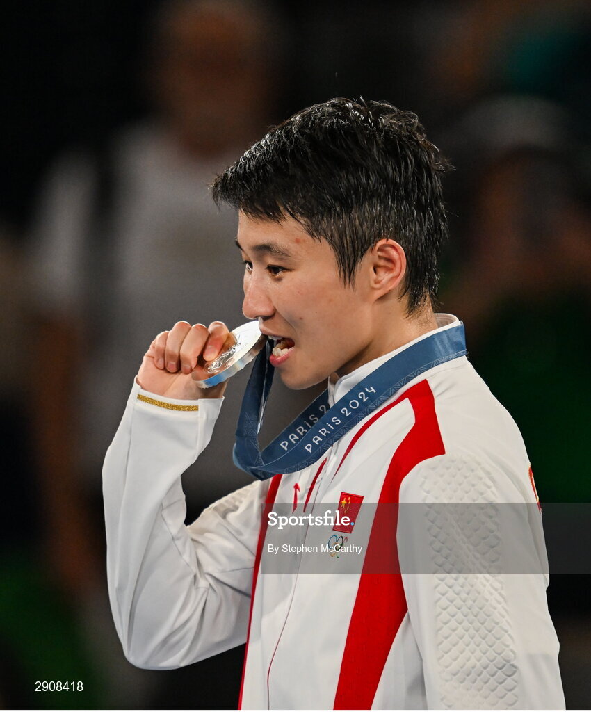 6 August 2024; Women's 60kg silver medalist Wenlu Yang of Team People's Republic of China at Court Philippe-Chatrier in Roland Garros Stadium during the 2024 Paris Summer Olympic Games in Paris, France. Photo by Stephen McCarthy/Sportsfile