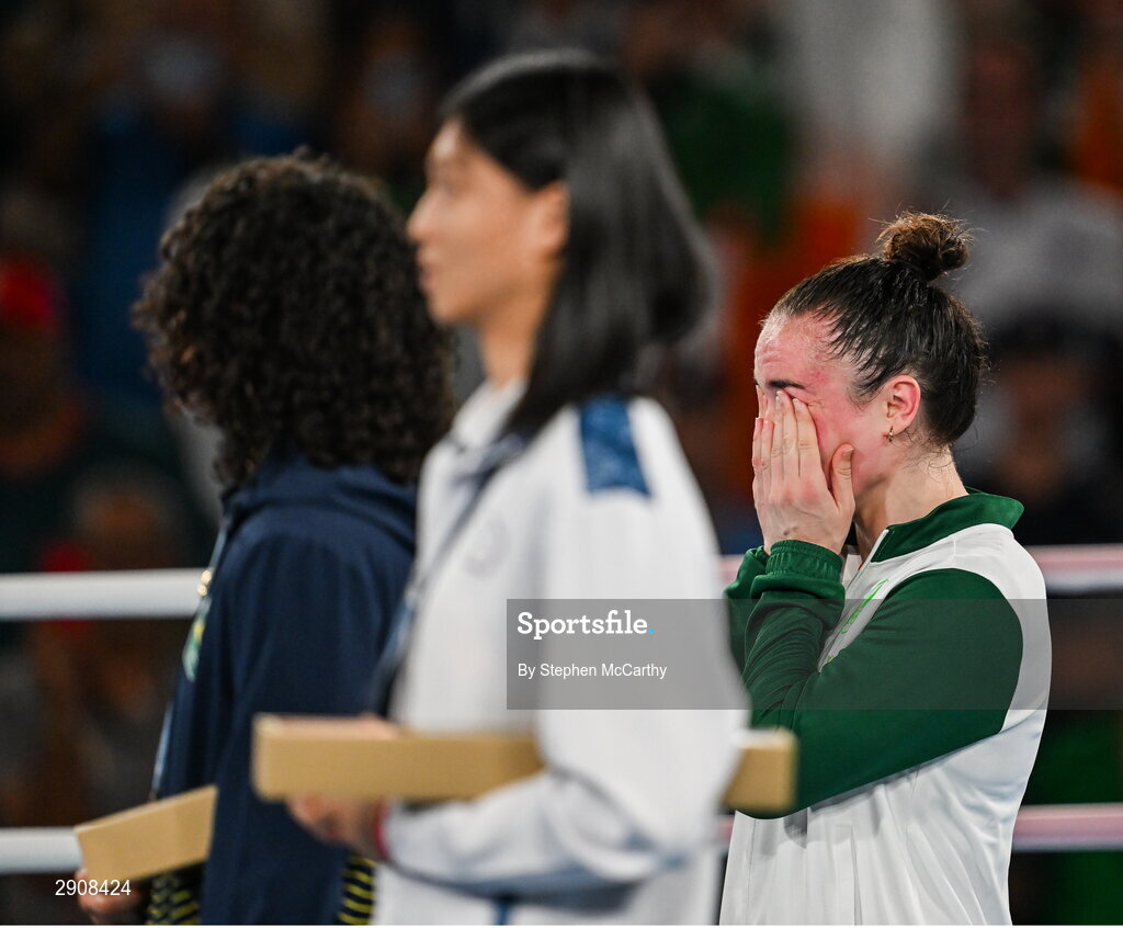 6 August 2024; An emotional Kellie Harrington of Team Ireland after defeating Wenlu Yang of Team People's Republic of China in their women's 60kg final bout at Court Philippe-Chatrier in Roland Garros Stadium during the 2024 Paris Summer Olympic Games in Paris, France. Photo by Stephen McCarthy/Sportsfile