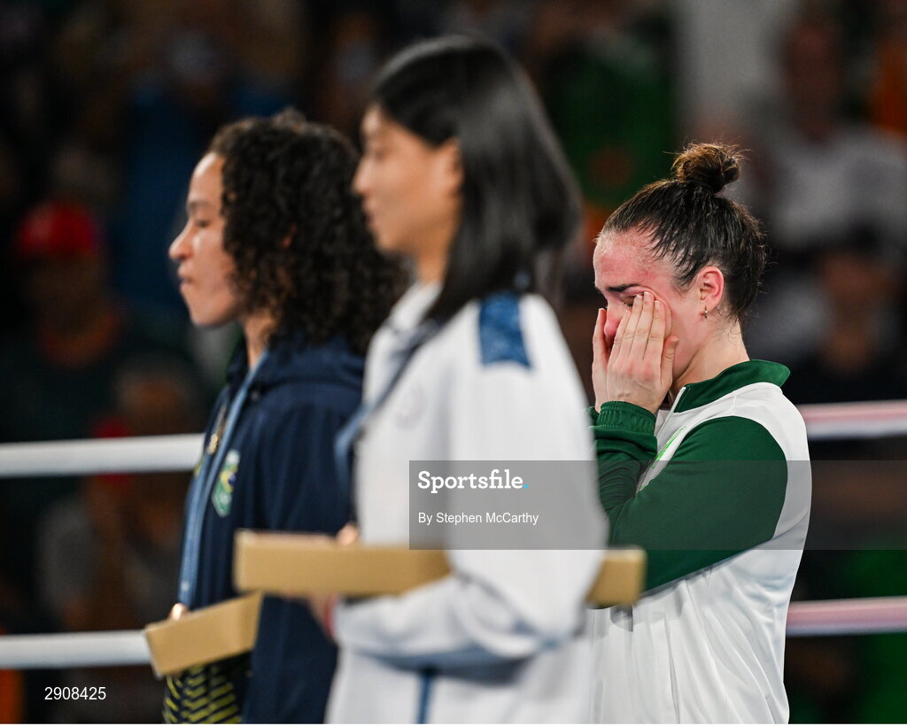 6 August 2024; An emotional Kellie Harrington of Team Ireland after defeating Wenlu Yang of Team People's Republic of China in their women's 60kg final bout at Court Philippe-Chatrier in Roland Garros Stadium during the 2024 Paris Summer Olympic Games in Paris, France. Photo by Stephen McCarthy/Sportsfile