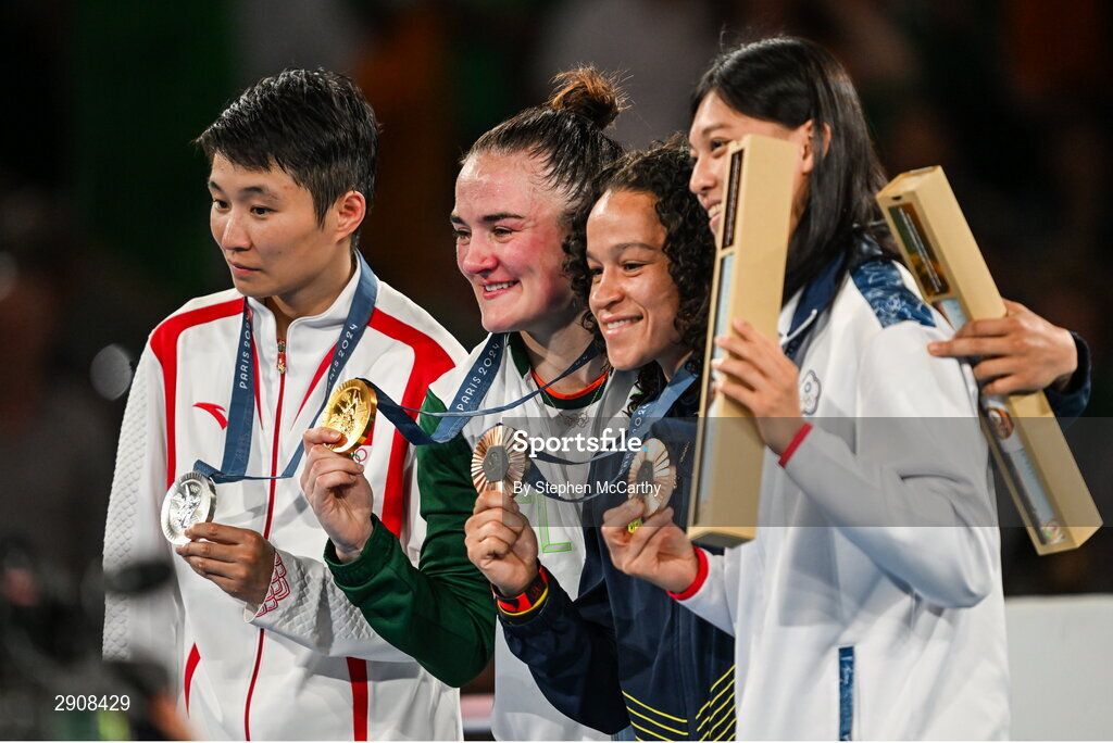 6 August 2024; The women's 60kg podium, from left to right, Silver medalist Wenlu Yang of Team People's Republic of China, Gold medalist Kellie Harrington of Team Ireland, Bronze medalists Beatriz Soares Ferreira of Team Brazil, and Shih Yi Wu of Team Chinese Taipei at Court Philippe-Chatrier in Roland Garros Stadium during the 2024 Paris Summer Olympic Games in Paris, France. Photo by Stephen McCarthy/Sportsfile