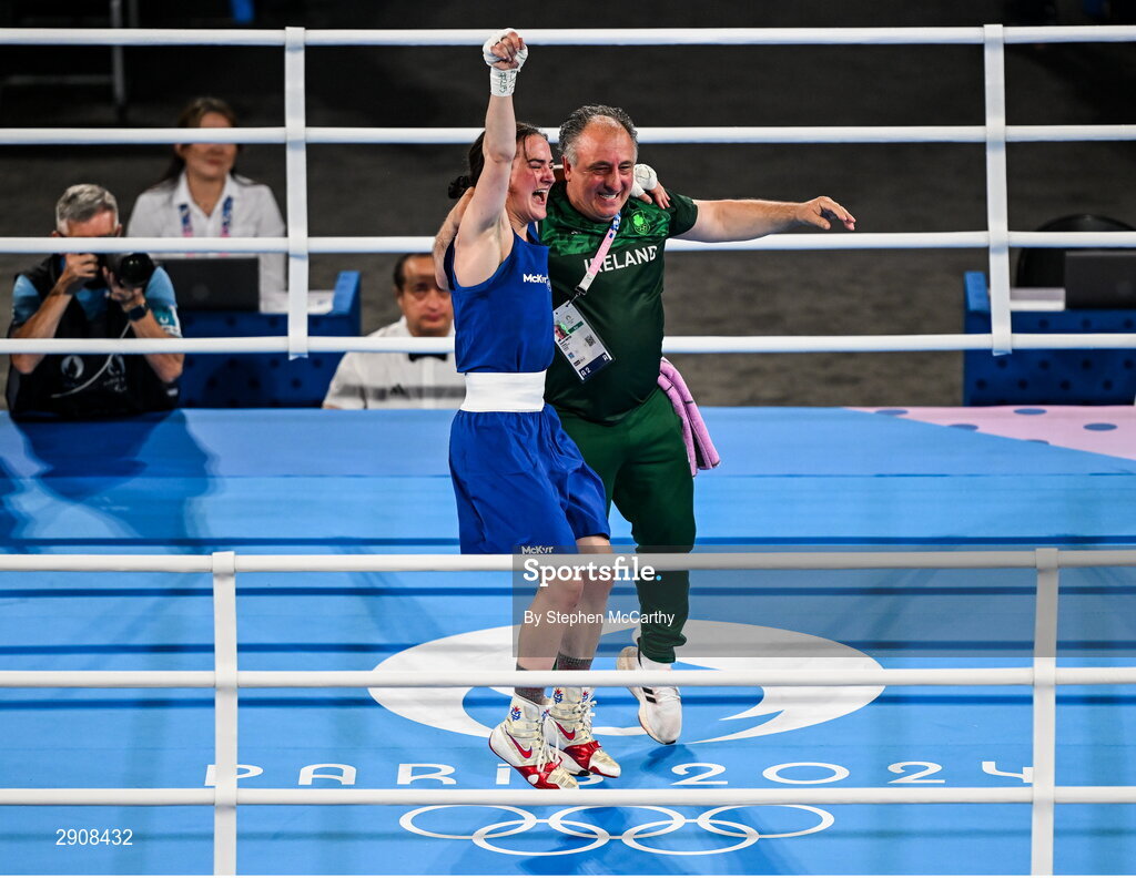 6 August 2024; Kellie Harrington of Team Ireland celebrates with head coach Zaur Antia after winning her women's 60kg final bout against Wenlu Yang of Team People's Republic of China at Court Philippe-Chatrier in Roland Garros Stadium during the 2024 Paris Summer Olympic Games in Paris, France. Photo by Stephen McCarthy/Sportsfile