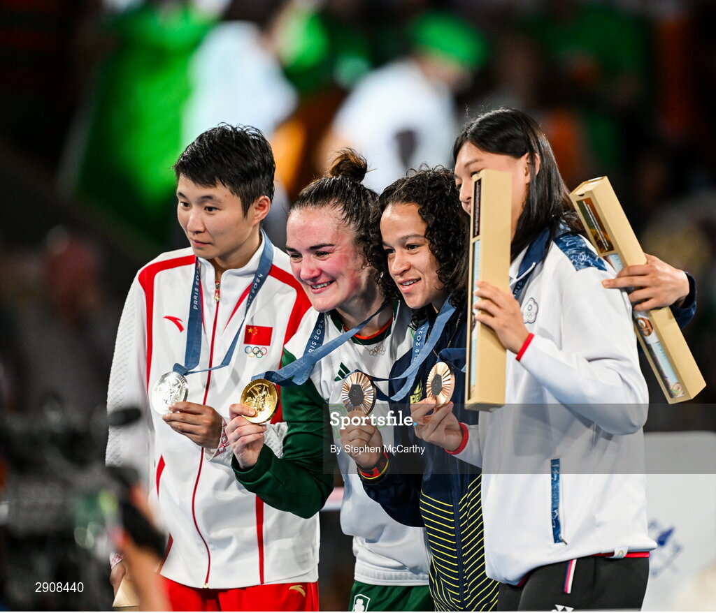6 August 2024; The women's 60kg podium, from left to right, Silver medalist Wenlu Yang of Team People's Republic of China, Gold medalist Kellie Harrington of Team Ireland, Bronze medalists Beatriz Soares Ferreira of Team Brazil, and Shih Yi Wu of Team Chinese Taipei, at Court Philippe-Chatrier in Roland Garros Stadium during the 2024 Paris Summer Olympic Games in Paris, France. Photo by Stephen McCarthy/Sportsfile
