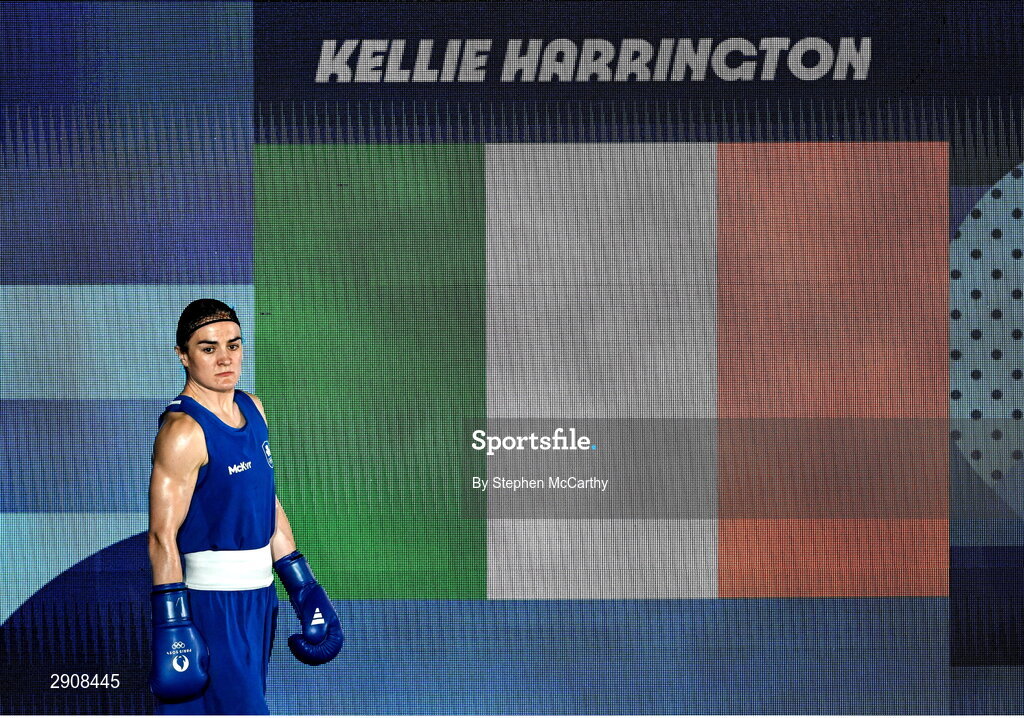 6 August 2024; Kellie Harrington of Team Ireland walks out before her women's 60kg final bout against Wenlu Yang of Team People's Republic of China at Court Philippe-Chatrier in Roland Garros Stadium during the 2024 Paris Summer Olympic Games in Paris, France. Photo by Stephen McCarthy/Sportsfile