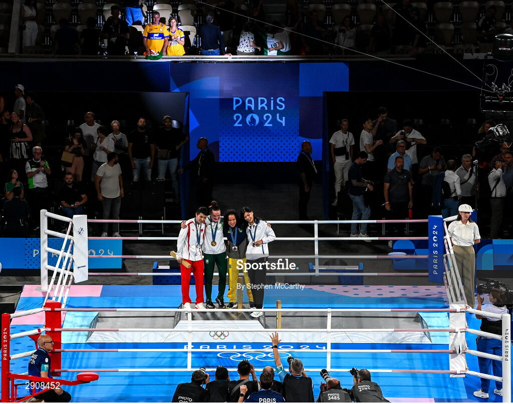6 August 2024; The women's 60kg podium, from left to right, Silver medalist Wenlu Yang of Team People's Republic of China, Gold medalist Kellie Harrington of Team Ireland, Bronze medalists Beatriz Soares Ferreira of Team Brazil, and Shih Yi Wu of Team Chinese Taipei, at Court Philippe-Chatrier in Roland Garros Stadium during the 2024 Paris Summer Olympic Games in Paris, France. Photo by Stephen McCarthy/Sportsfile