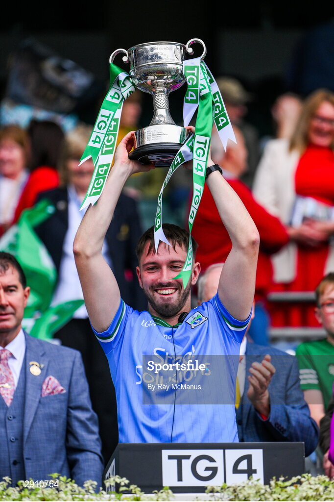4 August 2024; Fermanagh performance analyst Conor McGovern lifts the cup after their side's victory in the TG4 All-Ireland Ladies Junior Football Championship final match between Fermanagh and Louth at Croke Park, Dublin. Photo by Ray McManus/Sportsfile