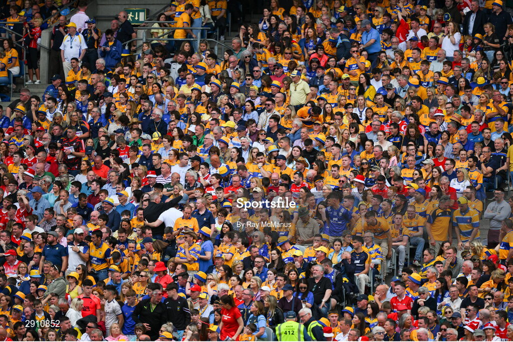 21 July 2024; Clare supporters, in the Hogan Stand, during the GAA Hurling All-Ireland Senior Championship Final between Clare and Cork at Croke Park in Dublin. Photo by Ray McManus/Sportsfile