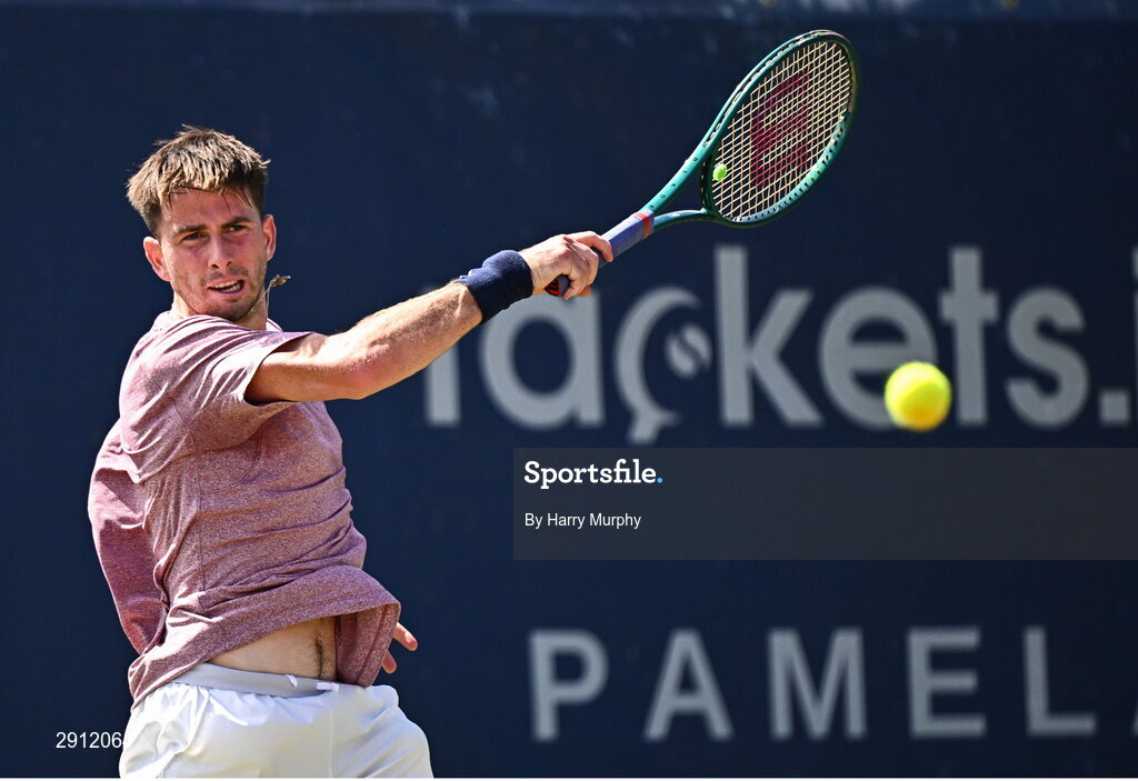 9 August 2024; Conor Gannon of Ireland in action against Filip Pieczonka of Poland during their men's singles quarter-final match on day four of the AIG Irish Open Tennis Championships at Carrickmines Croquet Lawn & Tennis Club in Dublin. Photo by Harry Murphy/Sportsfile