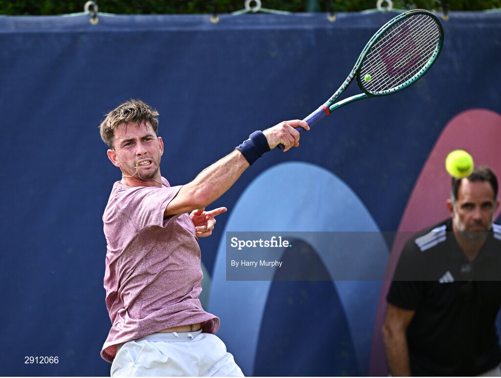 9 August 2024; Conor Gannon of Ireland in action against Filip Pieczonka of Poland during their men's singles quarter-final match on day four of the AIG Irish Open Tennis Championships at Carrickmines Croquet Lawn & Tennis Club in Dublin. Photo by Harry Murphy/Sportsfile