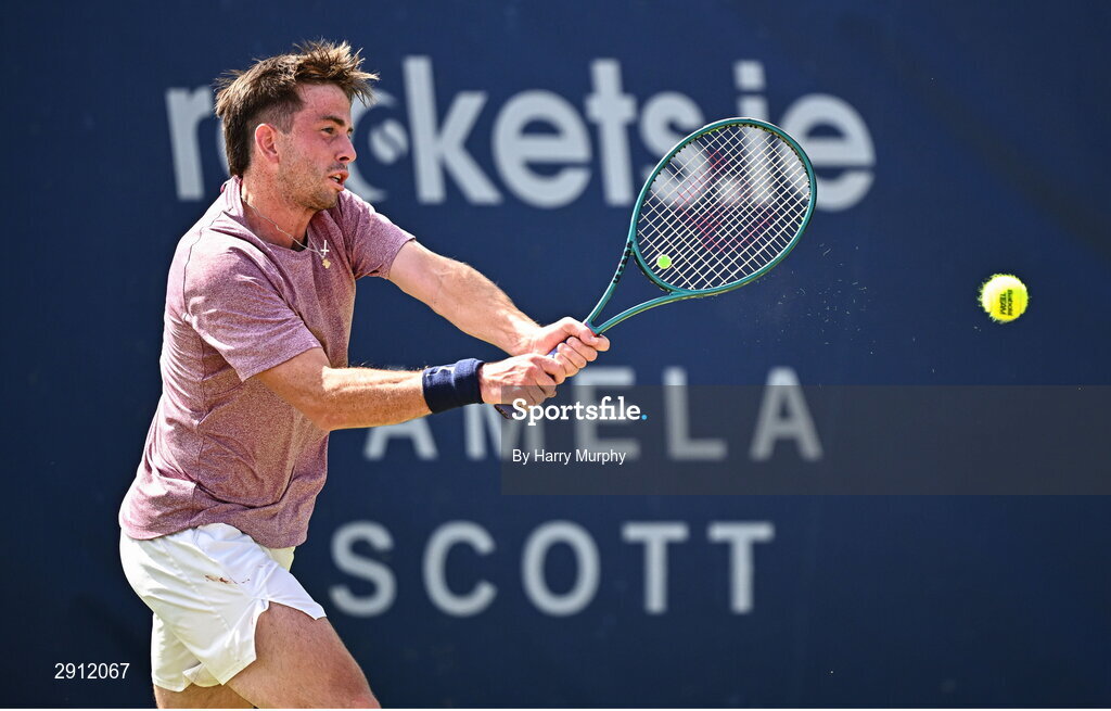 9 August 2024; Conor Gannon of Ireland in action against Filip Pieczonka of Poland during their men's singles quarter-final match on day four of the AIG Irish Open Tennis Championships at Carrickmines Croquet Lawn & Tennis Club in Dublin. Photo by Harry Murphy/Sportsfile