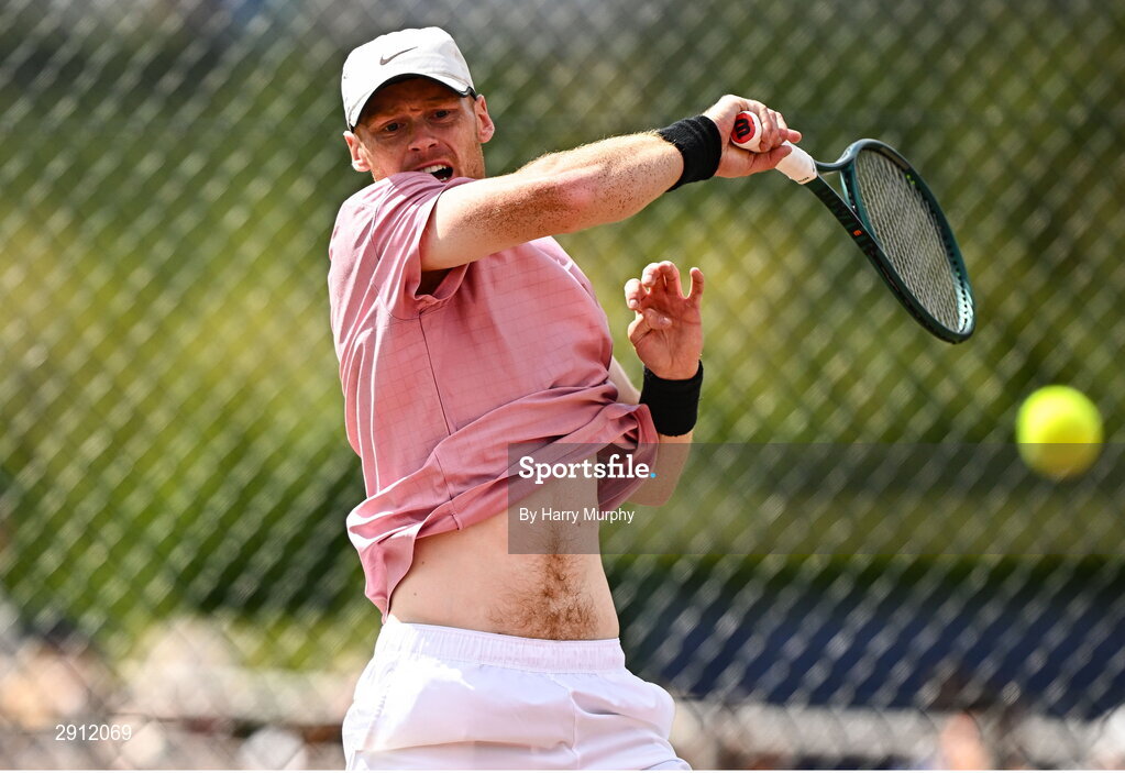 9 August 2024; Ben Jones of Great Britain in action against Michele Ribecai of Italy during their men's singles quarter-final match on day four of the AIG Irish Open Tennis Championships at Carrickmines Croquet Lawn & Tennis Club in Dublin. Photo by Harry Murphy/Sportsfile