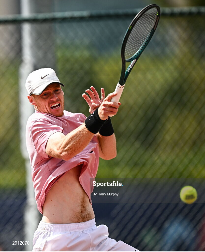 9 August 2024; Ben Jones of Great Britain in action against Michele Ribecai of Italy during their men's singles quarter-final match on day four of the AIG Irish Open Tennis Championships at Carrickmines Croquet Lawn & Tennis Club in Dublin. Photo by Harry Murphy/Sportsfile