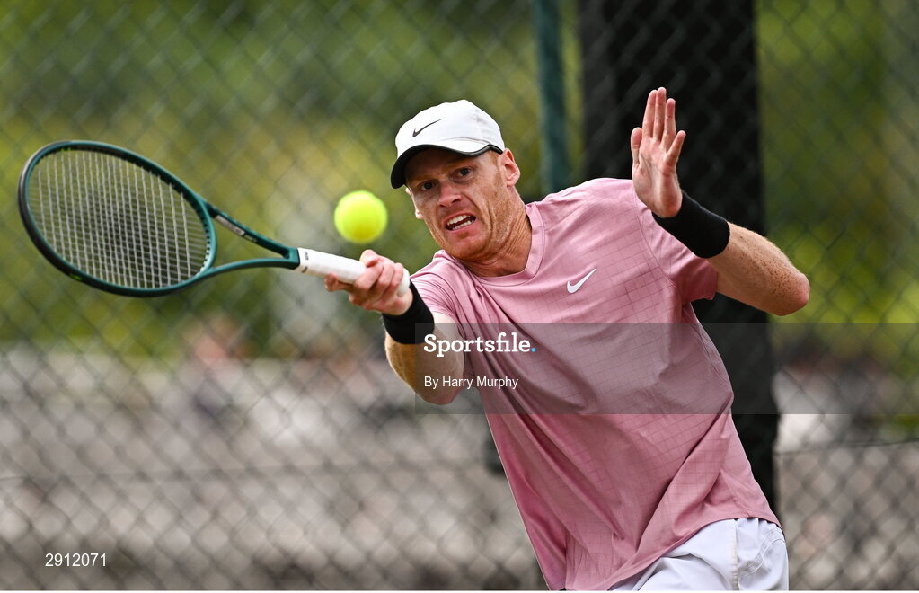 9 August 2024; Ben Jones of Great Britain in action against Michele Ribecai of Italy during their men's singles quarter-final match on day four of the AIG Irish Open Tennis Championships at Carrickmines Croquet Lawn & Tennis Club in Dublin. Photo by Harry Murphy/Sportsfile