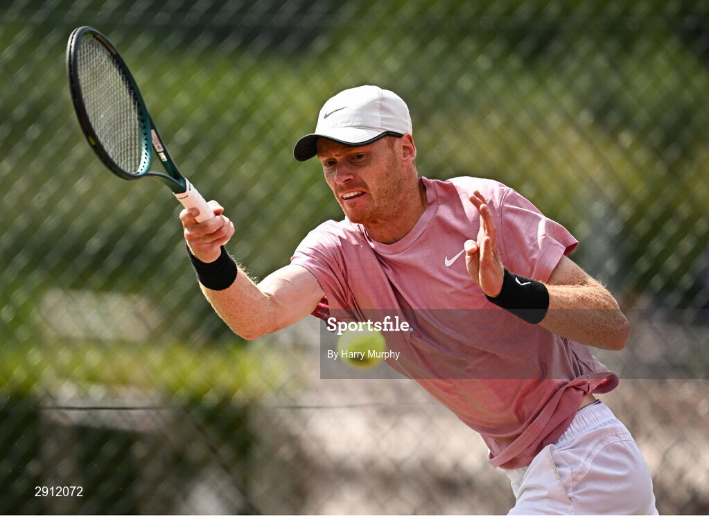 9 August 2024; Ben Jones of Great Britain in action against Michele Ribecai of Italy during their men's singles quarter-final match on day four of the AIG Irish Open Tennis Championships at Carrickmines Croquet Lawn & Tennis Club in Dublin. Photo by Harry Murphy/Sportsfile