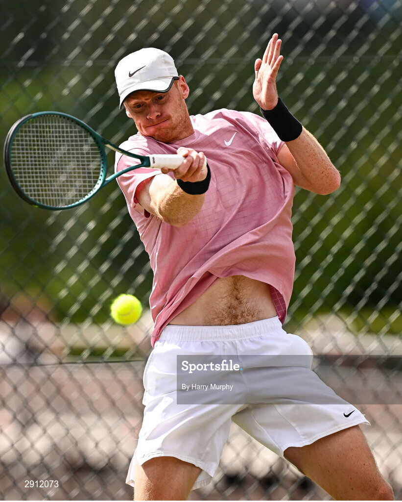 9 August 2024; Ben Jones of Great Britain in action against Michele Ribecai of Italy during their men's singles quarter-final match on day four of the AIG Irish Open Tennis Championships at Carrickmines Croquet Lawn & Tennis Club in Dublin. Photo by Harry Murphy/Sportsfile
