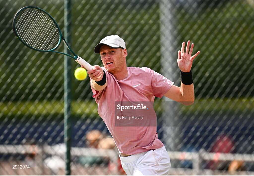 9 August 2024; Ben Jones of Great Britain in action against Michele Ribecai of Italy during their men's singles quarter-final match on day four of the AIG Irish Open Tennis Championships at Carrickmines Croquet Lawn & Tennis Club in Dublin. Photo by Harry Murphy/Sportsfile