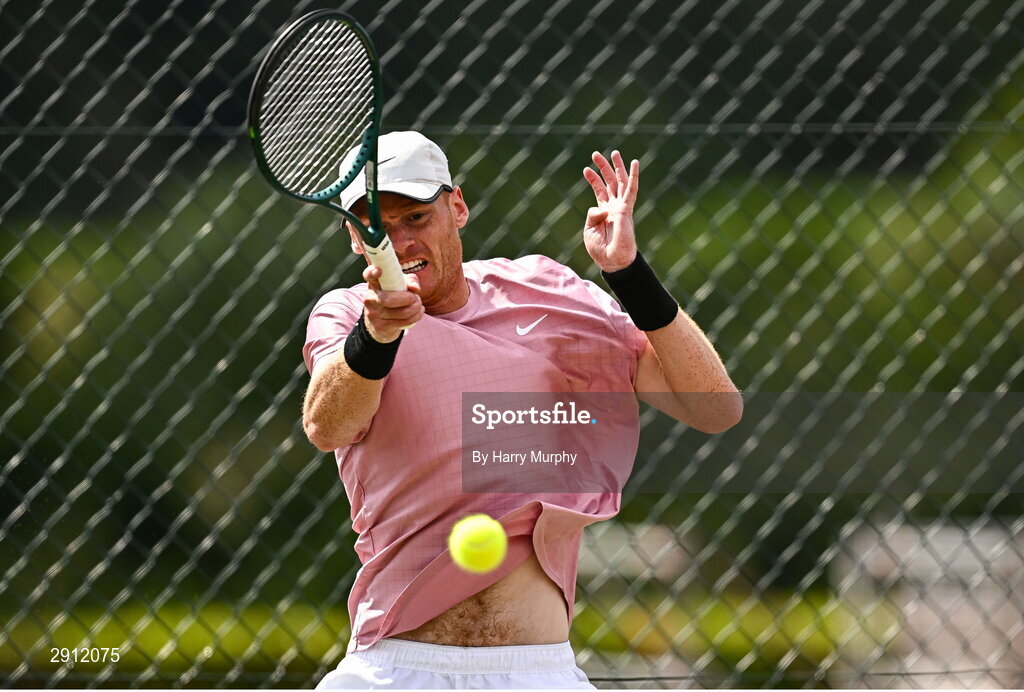 9 August 2024; Ben Jones of Great Britain in action against Michele Ribecai of Italy during their men's singles quarter-final match on day four of the AIG Irish Open Tennis Championships at Carrickmines Croquet Lawn & Tennis Club in Dublin. Photo by Harry Murphy/Sportsfile