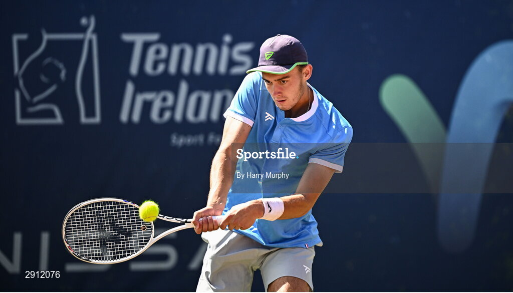 9 August 2024; Filip Pieczonka of Poland in action against Conor Gannon of Ireland during their men's singles quarter-final match on day four of the AIG Irish Open Tennis Championships at Carrickmines Croquet Lawn & Tennis Club in Dublin. Photo by Harry Murphy/Sportsfile