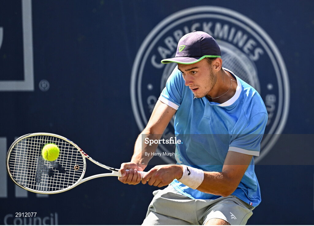9 August 2024; Filip Pieczonka of Poland in action against Conor Gannon of Ireland during their men's singles quarter-final match on day four of the AIG Irish Open Tennis Championships at Carrickmines Croquet Lawn & Tennis Club in Dublin. Photo by Harry Murphy/Sportsfile