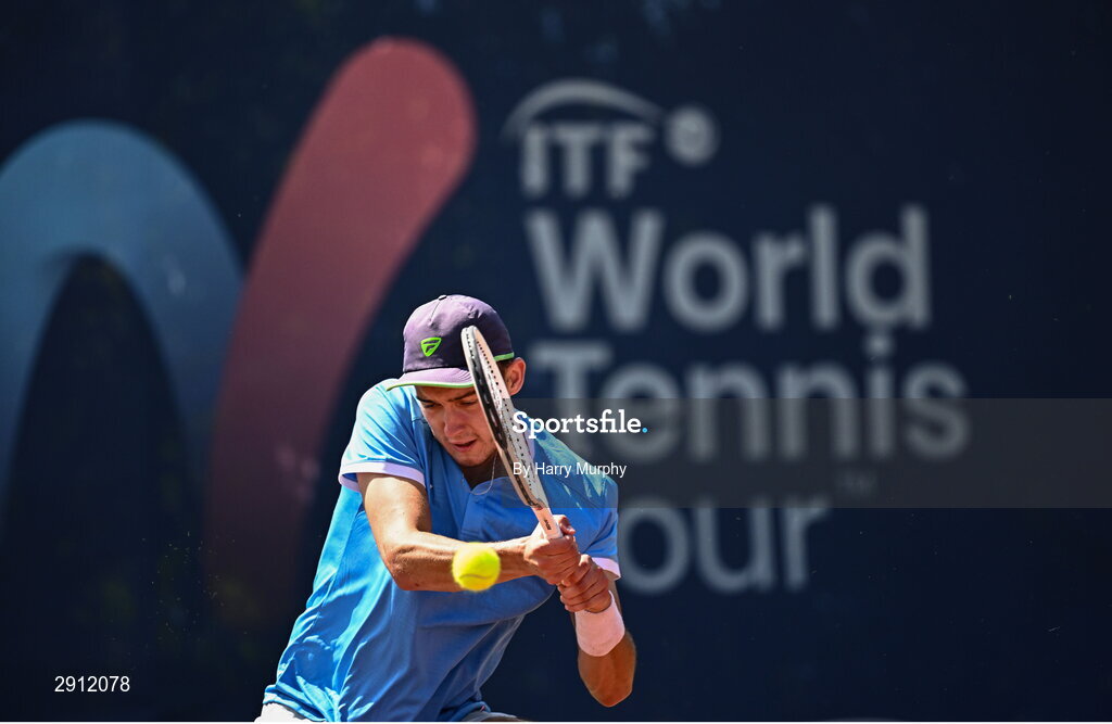 9 August 2024; Filip Pieczonka of Poland in action against Conor Gannon of Ireland during their men's singles quarter-final match on day four of the AIG Irish Open Tennis Championships at Carrickmines Croquet Lawn & Tennis Club in Dublin. Photo by Harry Murphy/Sportsfile
