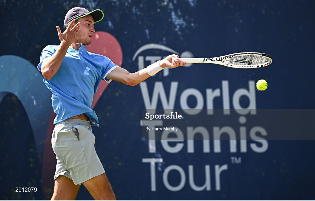 9 August 2024; Filip Pieczonka of Poland in action against Conor Gannon of Ireland during their men's singles quarter-final match on day four of the AIG Irish Open Tennis Championships at Carrickmines Croquet Lawn & Tennis Club in Dublin. Photo by Harry Murphy/Sportsfile