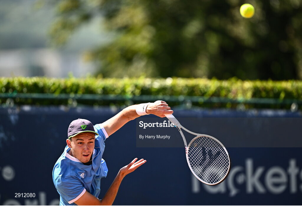 9 August 2024; Filip Pieczonka of Poland in action against Conor Gannon of Ireland during their men's singles quarter-final match on day four of the AIG Irish Open Tennis Championships at Carrickmines Croquet Lawn & Tennis Club in Dublin. Photo by Harry Murphy/Sportsfile