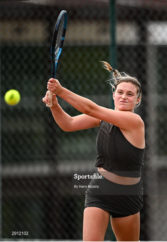 9 August 2024; Megan Davies of Great Britain in action against Ella Haavisto of Finland during their women's singles quarter-final match on day four of the AIG Irish Open Tennis Championships at Carrickmines Croquet Lawn & Tennis Club in Dublin. Photo by Harry Murphy/Sportsfile