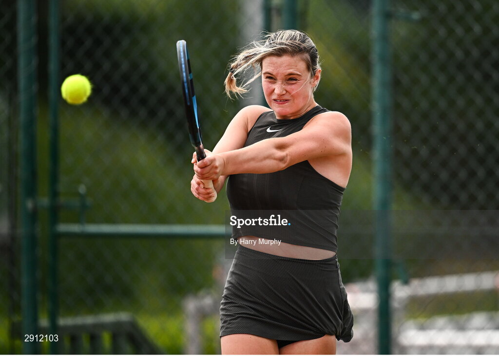 9 August 2024; Megan Davies of Great Britain in action against Ella Haavisto of Finland during their women's singles quarter-final match on day four of the AIG Irish Open Tennis Championships at Carrickmines Croquet Lawn & Tennis Club in Dublin. Photo by Harry Murphy/Sportsfile