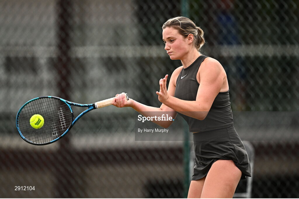 9 August 2024; Megan Davies of Great Britain in action against Ella Haavisto of Finland during their women's singles quarter-final match on day four of the AIG Irish Open Tennis Championships at Carrickmines Croquet Lawn & Tennis Club in Dublin. Photo by Harry Murphy/Sportsfile