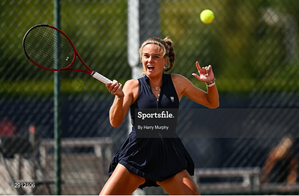 9 August 2024; Anja Wildgruber of Germany in action against Aleksandra Julia Zuchanska of Poland during their women's singles quarter-final match on day four of the AIG Irish Open Tennis Championships at Carrickmines Croquet Lawn & Tennis Club in Dublin. Photo by Harry Murphy/Sportsfile