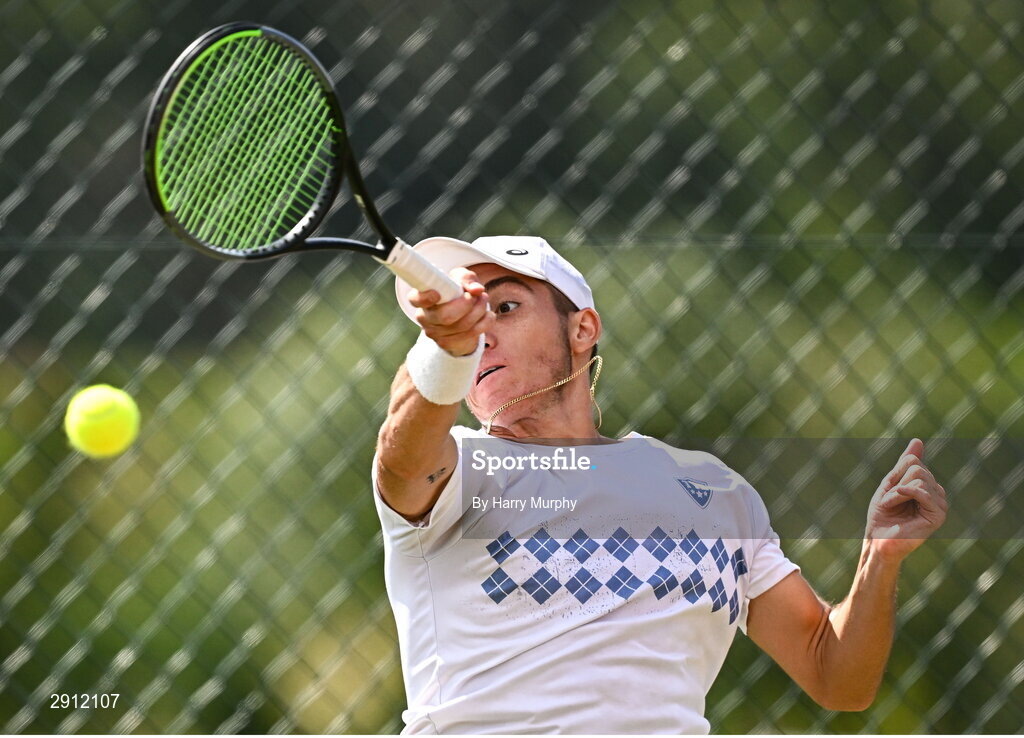 9 August 2024; Michele Ribecai of Italy in action against Ben Jones of Great Britain during their men's singles quarter-final match on day four of the AIG Irish Open Tennis Championships at Carrickmines Croquet Lawn & Tennis Club in Dublin. Photo by Harry Murphy/Sportsfile