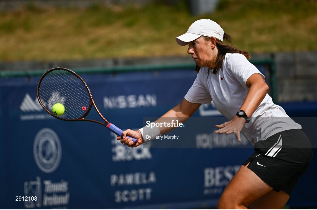 9 August 2024; Chloe Noel of France in action against Karola Patricia Bejenaru of Romania during their women's singles quarter-final match on day four of the AIG Irish Open Tennis Championships at Carrickmines Croquet Lawn & Tennis Club in Dublin. Photo by Harry Murphy/Sportsfile