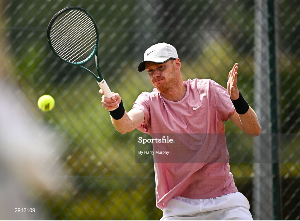 9 August 2024; Ben Jones of Great Britain in action against Michele Ribecai of Italy during their men's singles quarter-final match on day four of the AIG Irish Open Tennis Championships at Carrickmines Croquet Lawn & Tennis Club in Dublin. Photo by Harry Murphy/Sportsfile