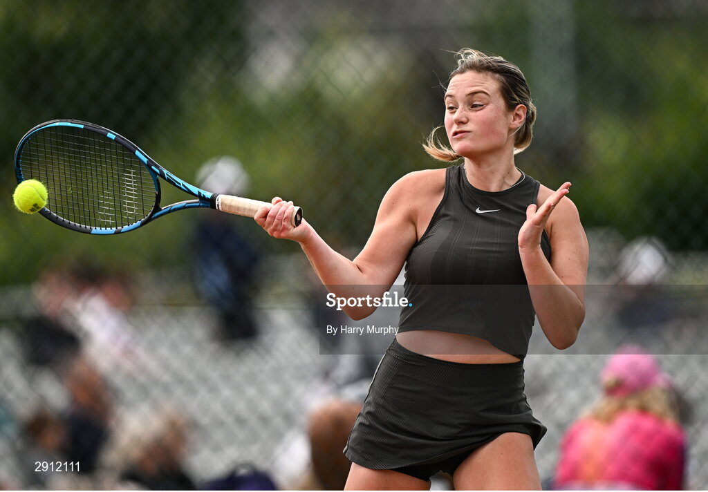 9 August 2024; Megan Davies of Great Britain in action against Ella Haavisto of Finland during their women's singles quarter-final match on day four of the AIG Irish Open Tennis Championships at Carrickmines Croquet Lawn & Tennis Club in Dublin. Photo by Harry Murphy/Sportsfile
