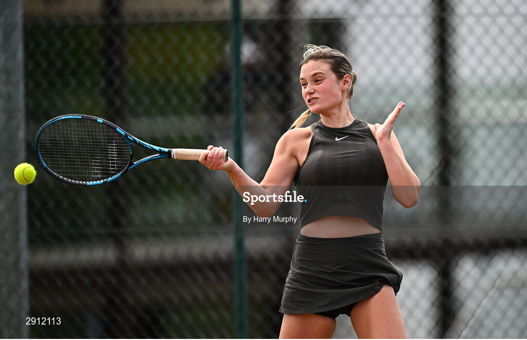 9 August 2024; Megan Davies of Great Britain in action against Ella Haavisto of Finland during their women's singles quarter-final match on day four of the AIG Irish Open Tennis Championships at Carrickmines Croquet Lawn & Tennis Club in Dublin. Photo by Harry Murphy/Sportsfile