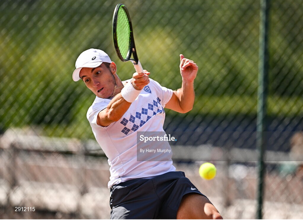 9 August 2024; Michele Ribecai of Italy in action against Ben Jones of Great Britain during their men's singles quarter-final match on day four of the AIG Irish Open Tennis Championships at Carrickmines Croquet Lawn & Tennis Club in Dublin. Photo by Harry Murphy/Sportsfile