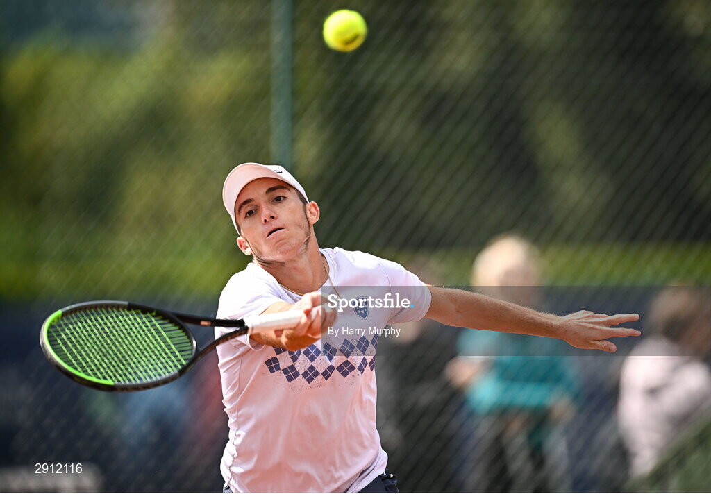 9 August 2024; Michele Ribecai of Italy in action against Ben Jones of Great Britain during their men's singles quarter-final match on day four of the AIG Irish Open Tennis Championships at Carrickmines Croquet Lawn & Tennis Club in Dublin. Photo by Harry Murphy/Sportsfile